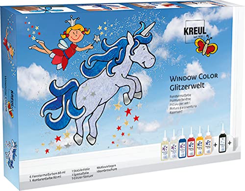 KREUL 42844 - Window Color Set Glitzerwelt, für kleine und große Kreative, 6 x 80 ml Fenstermalfarben, 80 ml Konturenfarbe, 2 verschiedene Folie, Glitzerstreu silber, Motivvorlagen und Ideenbroschüre