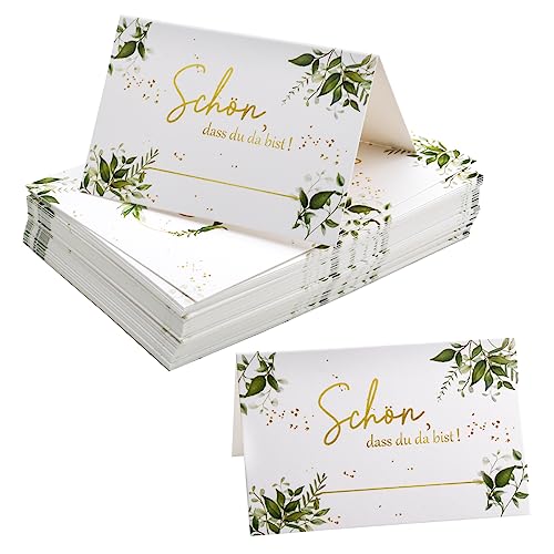 BRISKORE 50Pcs Eukalyptus Tischkarten Premium Platzkarten für Geburtstag Hochzeit Konfirmation Kommunion, Namenskarten Namensschilder Hochzeit Tischkärtchen Sitzkarten mit Text "Schön Dass Du Da Bist"