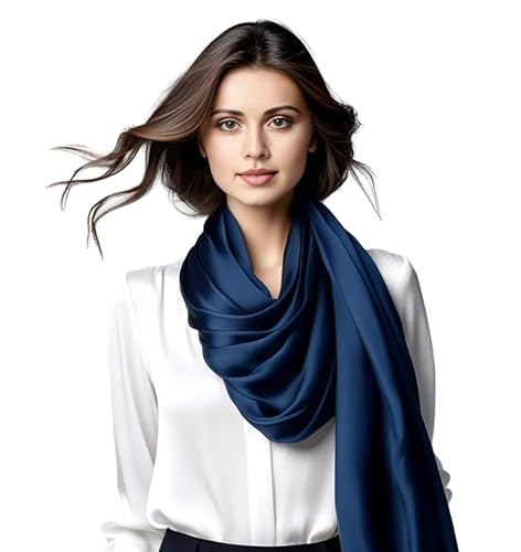 LA FERANI Damen Seidenschal 100% Seide Halstuch Seidentuch 180x90cm Uni Farbe für Anzug formelle Anlässe Stola Business Style Geschenk für Sie (Dunkel Blau)