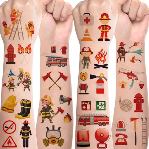 Tattoo Kinder,Feuerwehr Kindertattoos Set 10 Blätter Hautfreundliche Feuerwehr Temporäre Tattoos Kinder Jungen Cartoon Feuerwehrmann,Mitgebsel Kindergeburtstag Geschenke Party Deko Feuerwehrfest Deko