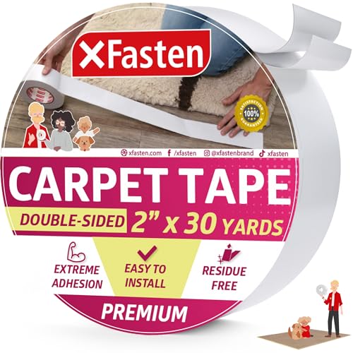 XFasten Doppelseitiges Teppichklebeband für Flächenteppiche, rückstandsfrei, 2 Zoll x 30 Yards (50,8 mm x 27,43 m); Wood Safe 2 Faced Teppichklebeband für Teppich-zu-Boden