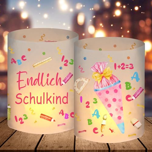 12 Windlicht Tischdeko Einschulung Mädchen, Endlich Schulkind 2024 Deko, Schulanfang Deko mit Bunten ABC Zuckertüte, Rosa Einschulungsdeko Mädchen, Geeignet für Teelichter oder Kerzen