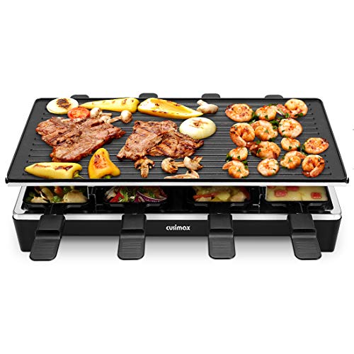 Cusimax Raclette Grill mit Reversible Grillpfanne, Steuerung Partygrill für 8 Personen,Stufenlos Regulierbare Temperatur, 8 Mini Pfännchen, Antihaftbeschichtung, CMRC-300, 1500W, Schwar