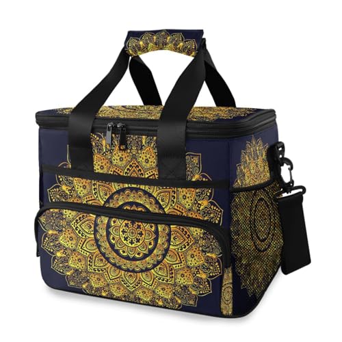 Goldene Azteken-Kühltasche mit indischen Blumen, isolierte Picknicktasche, große Lunchbox, wiederverwendbare Tragetasche, weiche Seiten, tragbar, Strandkühler, Lebensmittelgeschäft, Camping, Reisen