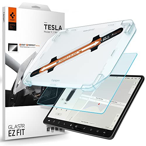 Spigen Glas.tR EZ Fit Schutzfolie kompatibel mit Tesla Model 3 (2017-2023), Model Y (2020-2024), Installationsschablone, Matt, 9H gehärtes Glas, Anti-Fingerabdruck, Tesla Model 3 / Y Schutzfolie