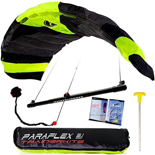 Wolkenstürmer® Paraflex Trainer 3-Leiner Lenkmatte 3.1 (Neongrün) - Flugfertiger Kite Drachen 310cm mit Trainerbar - Trainer Kite & Windtrainer