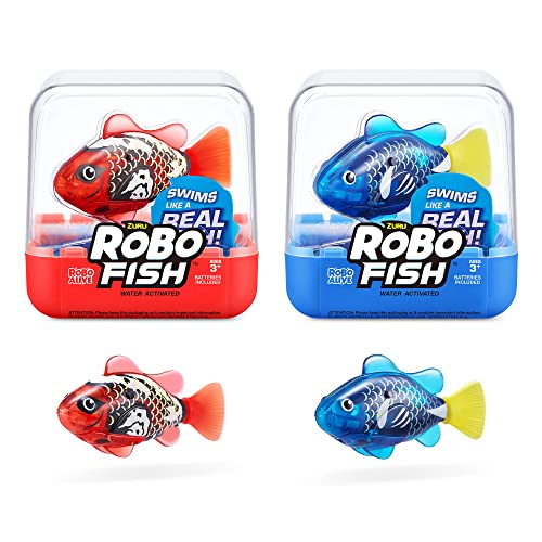 ROBO ALIVE Robo Fish Series 3 Roboter-Fisch, 2er Pack, Blau und Rot, schwimmt in mehrere Richtungen, batteriebetrieben, Spielzeugfisch, Poolspielzeug