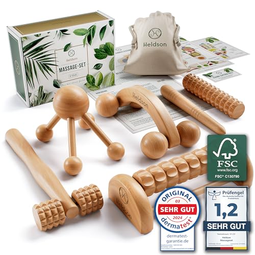 HELDSON® Premium Massage Set Holz [6 Teile] FSC®100% - Diverse Massagegeräte & Massage Roller - Fußmassage, Kopfmassage, Triggerpunkt Drücker - Entspannung Therapie Tools - Anti Cellulite, Stress