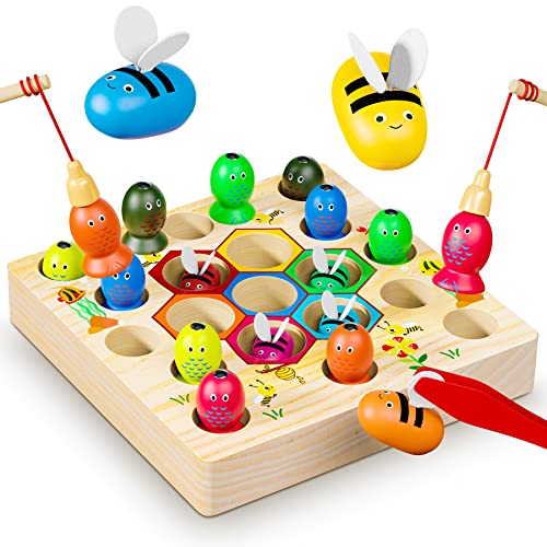 COOLJOYA Magnetische Angelspiel ab 2 Jahre | Montessori Spielzeug 2 in 1 Baby Holzspielzeug | Motorikspielzeug Fische Angeln Spiel 1 Set 2 3 4 Jahre Mädchen Junge Geschenke für Kinder(Patentschutz)