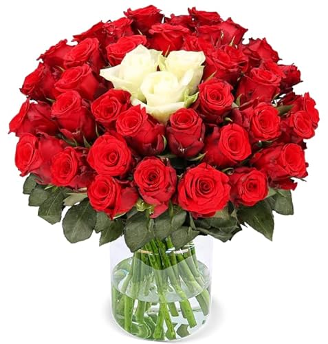 Rosenstrauß “Sweetheart”, Mit einem Herzen aus weißen Rosen, 50 rote und weiße Rosen, ⌀ 40-50cm, 7-Tage-Frischegarantie, Qualität vom Floristen, Ideales Blumengeschenk, Schneller Blumenversand