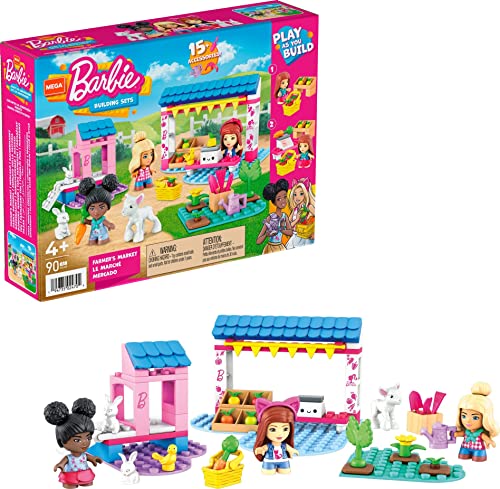 MEGA HDJ85 - Barbie Bauernmarkt Baukasten, 90 Bausteine, Teile mit Mode-& Rollenspielzubehör, 3 Mikropuppen, 2 Hasen, 1 Vogel & 1 Lamm, Konstruktionsspielzeug, Bauspielzeug für Kinder ab 5 Jahren