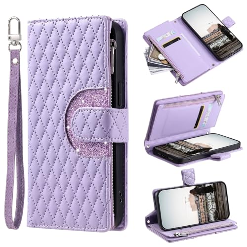 Tivenfezk Nadoli Glitzer Handyhülle für Samsung Galaxy S21 PU Leder Hülle Wallet Case mit Handschlaufe Kartenhalter Reißverschluss Brieftasche Handytasche Schutzhülle