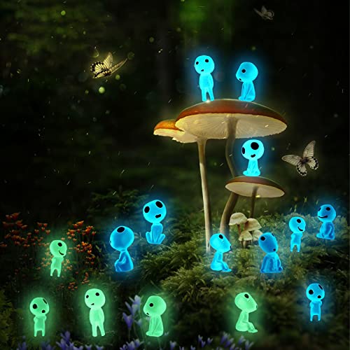 Baum Elfen Figuren,15 Stück Baum Elfen Prinzessin Mononoke Baumelfen-Gartendeko Kodama Leuchtende Geister Figuren Waldgeister Anime Deko Glow In The Dark Gartendeko für Mikrolandschaft Zubehör