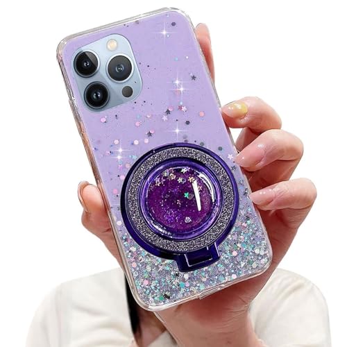 Tivenfezk Nadoli Sparkle Treibsand Ständer Hülle für iPhone 13 Pro,Versteckt Ständer Ring Klar Glitzer Stern Handyhülle Durchsichtig Bling Schutzhülle Case Cover,Lila