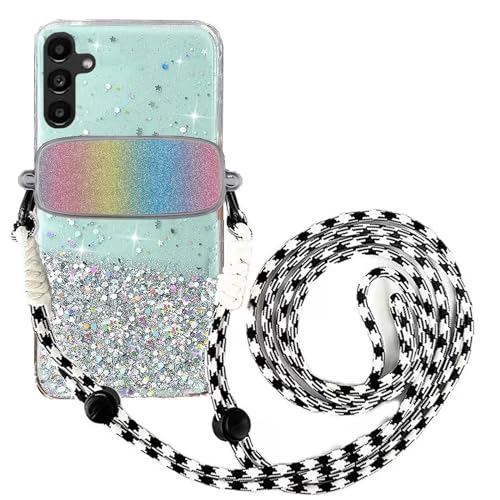 Tivenfezk Nadoli für Samsung Galaxy S24 Glitzer Handykette Hülle,Silikon Bling Durchsichtig Crossbody Tasche zum Umhängen Schutzhülle mit Telefon Clip Halter Band