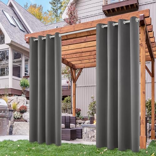 Deconovo Blickdicht Vorhänge Outdoorvorhänge Gardinen Terrassen Sichtschutz Outdoor Vorhang Wetterfest Wasserdicht Sonnenschutz Vorhänge für Balkon Pavillon, 214x132 cm(HöhexBreite), Grau, 2er Set