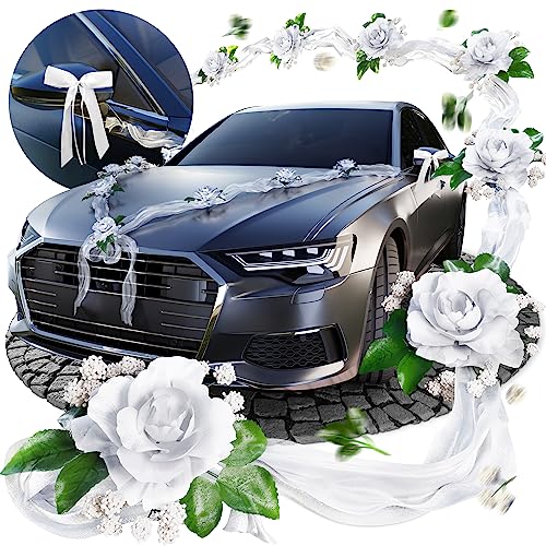 AMOREO® Premium Autoschmuck Hochzeit Motorhaube [inkl. Autoschleifen] - traumhafter Hochzeit Autoschmuck mit 9 extrastarken Saugnäpfen für maximalen Halt - Hochzeitsdeko Auto - Auto Deko Hochzeit