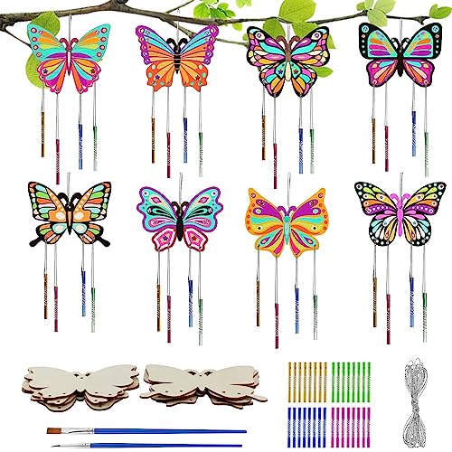 TZQFROCE 8 Stück Schmetterling Windspiel Bastelset Kinder DIY Schmetterling Holzbastelsets Schmetterling Basteln Kindergeburtstag mit 32PCS Windspiel für Hochzeit Feier Party Basteln Echtholz