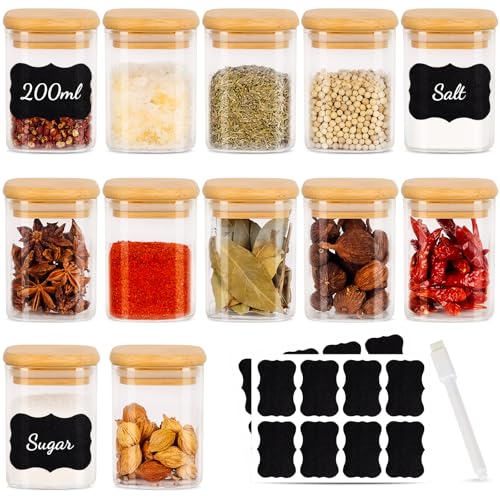 12er Set Gewürzgläser eckig 200 ml luftdicht mit Holzdeckel,Gewürzdosen Set Glas,Gewürzbehälter Spice Jars Set,Gewürze Aufbewahrung,Gewürzstreuer,Gewürzaufbewahrung