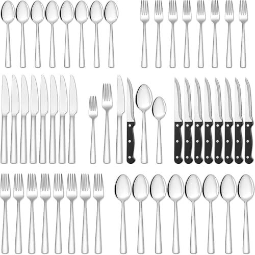 Terlulu 36 teiliges Edelstahl Besteckset mit Steakmesser, Besteck Set 6 Personen, Elegantes Essbesteck Set mit Messer Gabel Löffel, Tafelbesteck für Haus/Party/Restaurant, Spülmaschinenfest