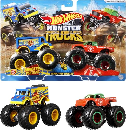 HOT WHEELS Monster Trucks Demolition Doubles - 2er-Pack mit verschiedenen Modellen - Inklusive Statistiken zu Stärke, Crash-Attacken und Motor - Riesige Räder und abgefahrene Details, FYJ64