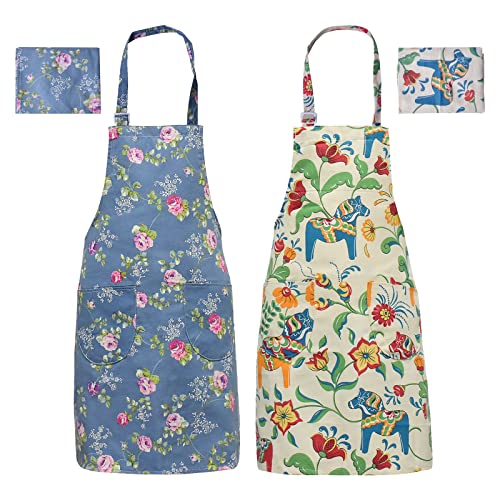 emperoch 2 Stück Blumenschürzen mit Tasche Kitchen Chef Aprons Kochschürze Damen Kochschürze zum Kochen Grillschürze für Unisex zum Koch Verstellbarem Küchenschürze für Kochen Backen Café