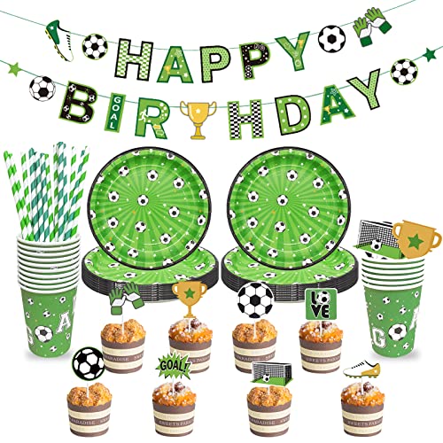 Fußball Party Dekorationen Geburtstagsparty Zubehör Set, Happy Birthday Banner, 16 Pappteller, 16 Pappbecher, 24 Cake Toppers, 20 Strohhalme, Kindergeburtstag Partyzubehör Fussball Partygeschirr