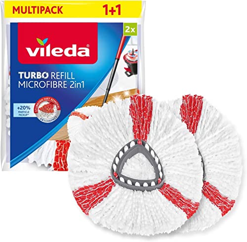 Vileda Turbo 2in1 EasyWring&Clean Wischmopp Ersatzköpfe, Mikrofaser Moppköpfe mit Kraftfasern für Vileda Turbo Sets, auch für empfindliche Böden, 2er Pack, Rot/Weiß