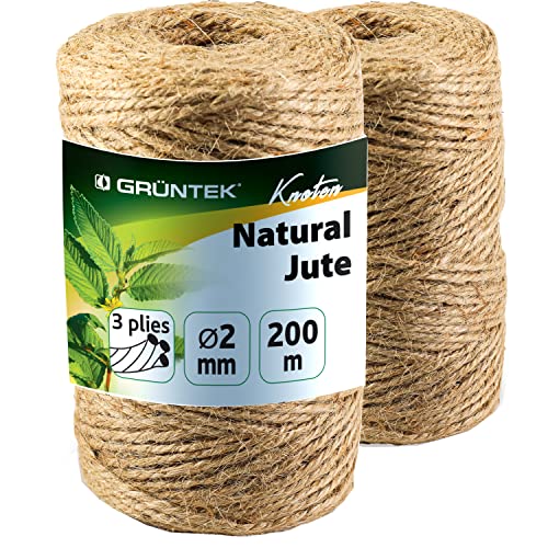 GRÜNTEK Juteschnur 2mm Dicke, Jutegarn Gartenschnur, 2 Kordel Rollen je 100m, 100% Bindegarn, Bastelschnur Naturfarbe, nachhaltige Paketschnur