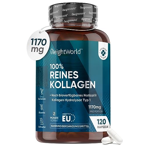 Weightworld Kollagen Kapseln - 1170mg pures Marine Collagen - 120 Capsules - NatiCol Meereskollagen Hydrolysat Typ1 - Laborgeprüft in Deutschland - Mit Reines Kollagen Protein Pulver