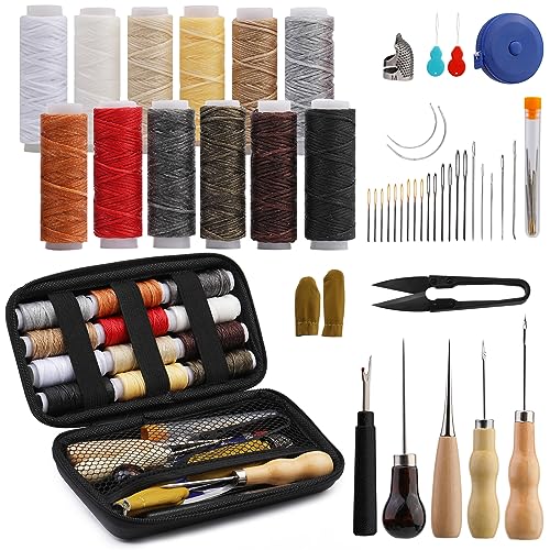 Benlay Leder Nähen Kit, Polster Reparatur Kit mit Heavy Duty Wachs Faden Nähnadeln Awls Fingerhut für Schuhe Sofa Teppich Reparatur und Nähen Leder Arbeitsgeräte und lederbearbeitung Zubehör