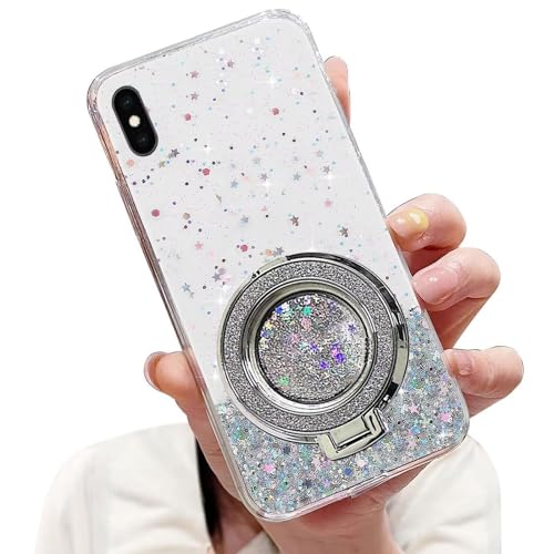 Tivenfezk Nadoli Sparkle Treibsand Ständer Hülle für iPhone XR,Versteckt Ständer Ring Klar Glitzer Stern Handyhülle Durchsichtig Bling Schutzhülle Case Cover,Klar