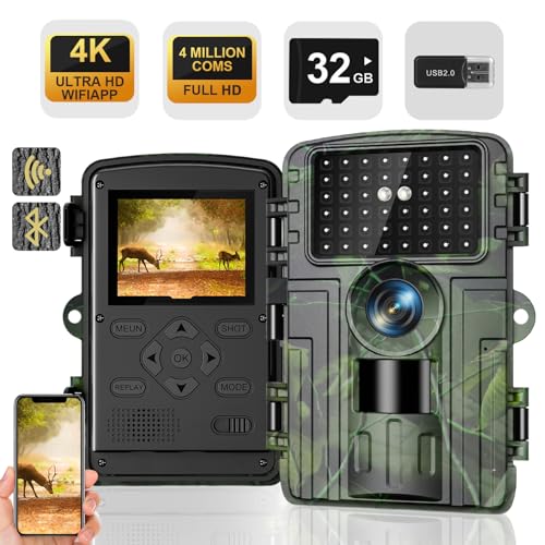 Wildkamera, 4K Video Wildtierkamera, 60MP Full HD WLAN mit Handyübertragung APP, Bewegungssensor, Nachtsicht, 0,1s Auslösezeit, Infrarot Wildkamera mit 32G Speicherkarte & Kartenleser IP66 Wasserdicht