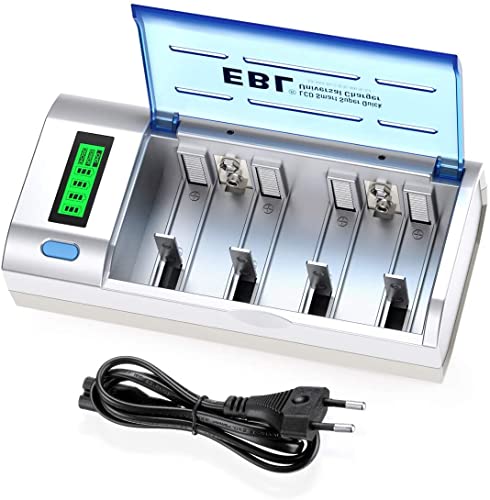 EBL Akku Ladegerät LCD Batterie Ladegerät für AA/AAA/C/D/9V NI-MH NI-CD wiederaufladbare Batterien, Intelligentes Universal Batterieladegerät mit Entladefunktion, LCD & LED Anzeige, Modell 906