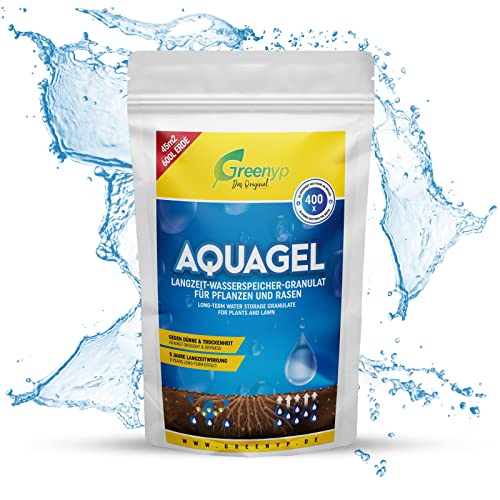 Greenyp Aquagel I Langzeit Wasserspeicher Granulat für Pflanzen, Bäume und Rasen gegen Dürre & Trockenheit I 850g für 600L Pflanzerde oder 45m² I speichert das 400-fache an Wasser I Superabsorber