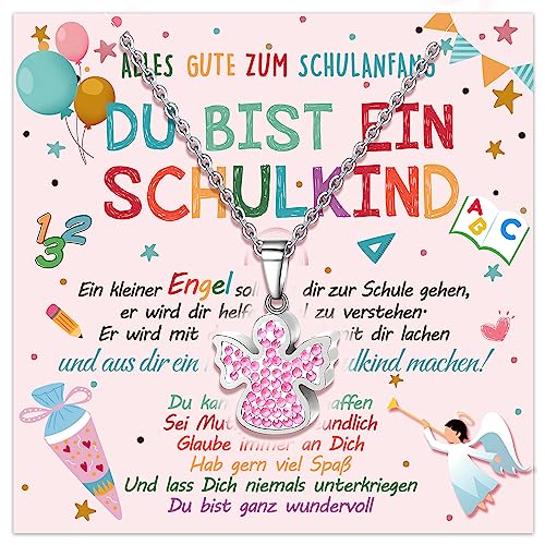 Humairc Schutzengel Halskette Glücksbringer Schulanfang Einschulung Geschenk Mädchen Schulkind 2024 Schultüte Füllung Plus Grußkarte Geschenkbox