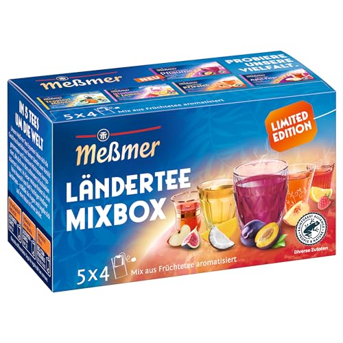 Meßmer Ländertee Mixbox | Limited Edition | 5x4 Teebeutel | Türkischer Apfel-Feige, Tropical Mango, Französische Pflaume, Toskanischer Pfirsich und Miami Vibes | Gluten- & Laktosefrei | Vegan