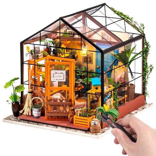 RoWood DIY Miniatur Haus Puppenhaus Gewächshaus mit Licht, DIY Mini Holz Haus Modell Set, Bastelset Geburtstag Geschenke für Erwachsene Frauen Mädchen - Cathys Blumenhaus