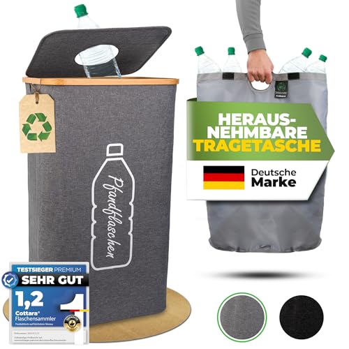 COTTARA® Pfandflaschen Sammelbehälter mit Deckel inkl. XXL Tragetasche | Pfandbehälter mit Loch | Ideal als Pfandflaschen Aufbewahrung Leergut Sammelbehälter Flaschensammler für Küche 100L (Grau)