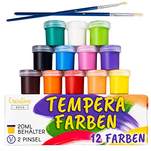 Creative Deco Temperafarben Plakatfarbe Set | 20 ml x 12 Töpfe | Abwaschbare Schule Fingerfarben für Kinder | Tempera Hochpigmentierte | Sicher, Ungiftig | Extra Deckkraft und Mattes Finish