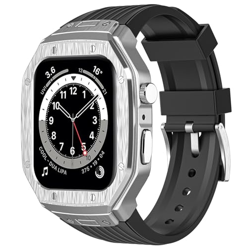 Delidigi Männer Rugged Metall Schutzhülle mit TPU Armband Kompatibel mit Apple Watch Serie 9/8/7(45mm) iWatch Serie 6/5/4/SE/SE2(44mm) - Silber