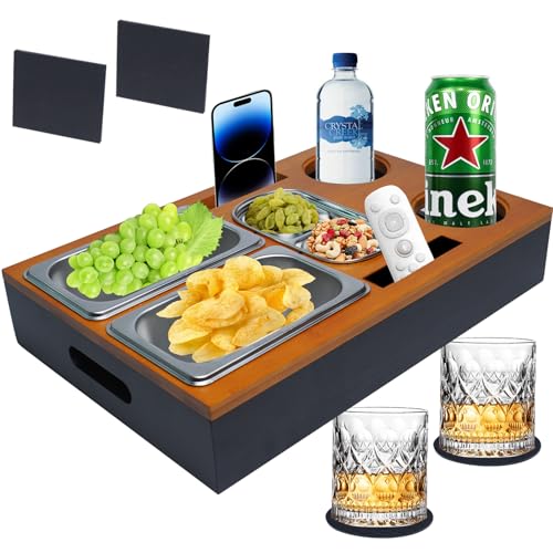 Dazhtu Couchbar Snackbox, Sofa Tablett Mit Snackschalen Aus Edelstahl, Holzfarbe Abnehmbarer Deckel, Couch Tablett, Snackhalter, Sofaablage für Wohnzimmer Schlafzimmer Garten Camping Party