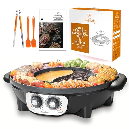 Food Party Hot Pot und Tischgrill Elektrisch Hotpot Topf Elektrogrill 220V 2200W 2 in 1 Electric Hot Pot Indoor Korean BBQ Grill Thai Barbecue Fondue Raclette XXL für 8 Personen