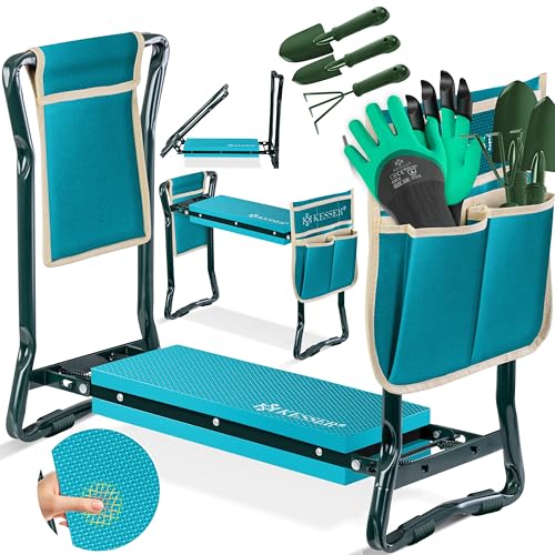 KESSER® 2 in 1 XXL Kniebank für Gartenarbeit Gepolstert Sitzunterlage Eva-Schaumkissen Gartenhocker Klappbar | 2X Werkzeugtasche Handschuhe Gartenkelle & Rechen | Gartenbank 60x50x27cm bis 150 kg