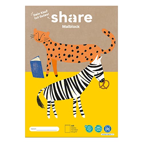 share Malblock A4 für Kinder – Malblock spendet eine Unterrichtsstunde für ein Schulkind – Blauer Engel zertifizierter Zeichenblock A4 aus 100% recyceltem Papier (80g/m²) – weiß/blanko