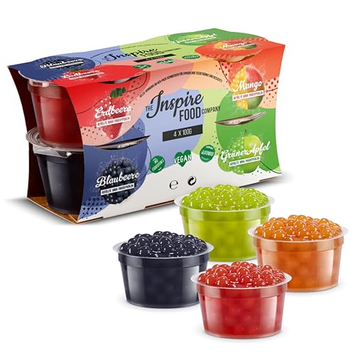 INSPIRE FOOD Bubble Tea Perlen Set - 4er-Pack Popping Boba Fruchtperlen | Erdbeere, Mango, Grüner Apfel, Heidelbeere | Tapioka Perlen 100% vegan und glutenfrei, ohne künstliche Farbstoff, je 100g