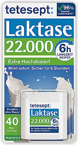 tetesept Laktase 22.000 – Laktasetabletten bei Laktoseunverträglichkeit – Nahrungsergänzungsmittel mit Sofortwirkung & 6h Langzeit-Depot – 1 Dose à 40 Stück