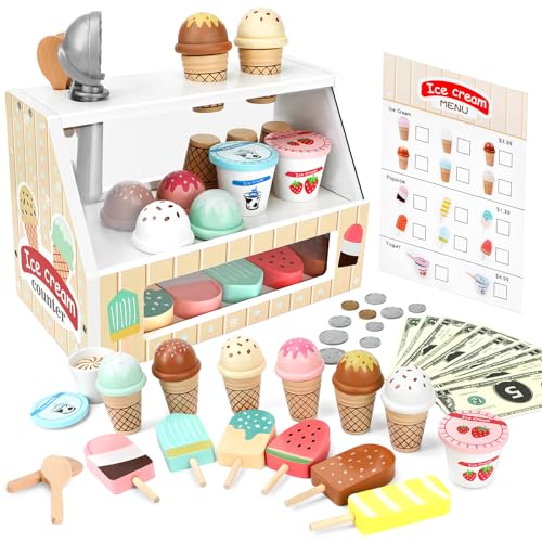 Eisdiele Kinder Holz Spielküche ab 3 Jahre Kinderküche Zubehör mit Spielgeld Eistheke Rollenspiele Einkaufsladen Kinder Montessori Holzspielzeug Geschenk für Jungen Mädchen(Eisdiele Set)