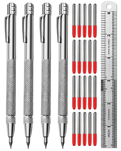 4 Pack Wolframkarbid Anreißnadel mit Magnet, Metall Anreißer, mit extra 24 Ersatzmarkierungsspitze und Stahllineal, mit Magnet und Clip, Aluminium Ätzen Gravurstift für Glas/Keramik/Blech