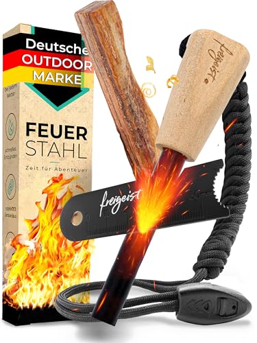 Feuerstahl Outdoor 10mm, Feuerstein mit Holzgriff für maximalen Funkenflug, Feuerstahl Zunder, Survival Kit, Feuerstahl Set: Magnesium Feuerstarter + Paracord + Notfallpfeife + Beutel + Kienspan